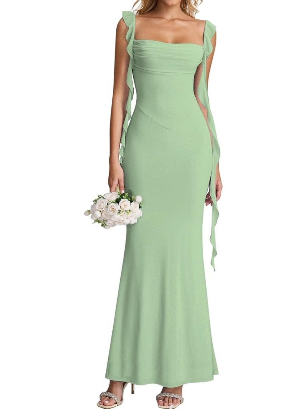 Women's Sage Ruffle Bodycon Elegant Long Formal Boat Neck Maxi Dress